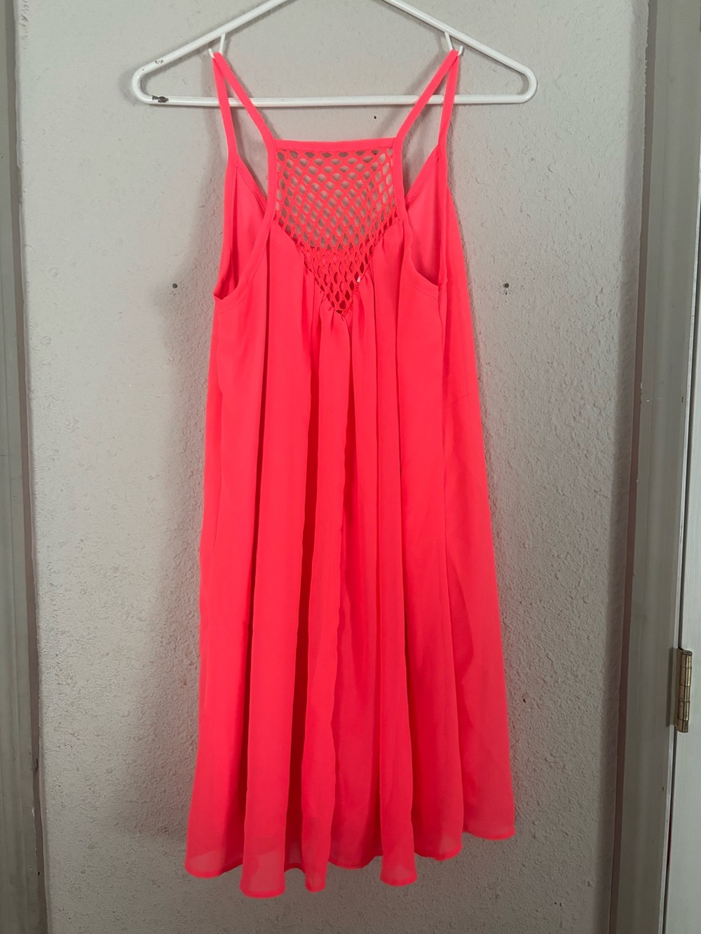 Bright Coral Lined Crochet-Back Mini Dress with Sexy Spaghetti Straps Size Small